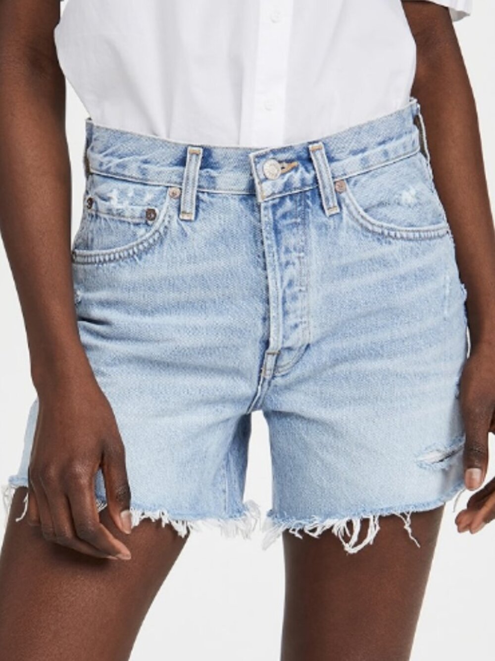 AGOLDE Parker Long Denim Shorts Size 29 Light Wash Distressed Raw Hem